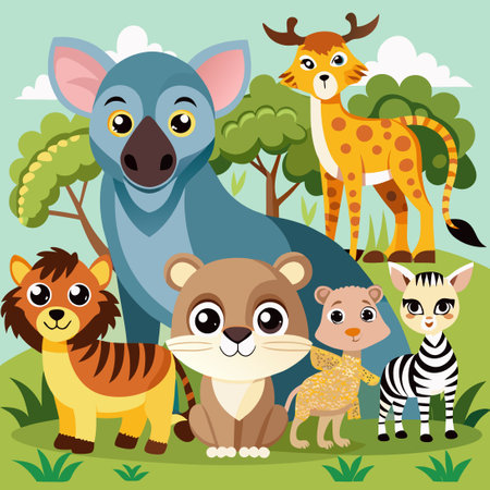 Collection of Delightful Wild Animal Cartoon Characters with Vibrant Colorsのイラスト素材