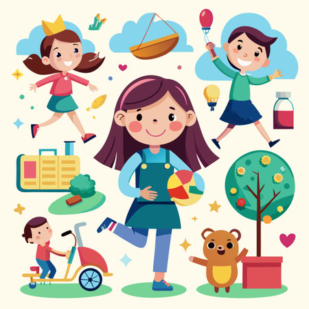 Young Girl Engaging in Various Indoor and Outdoor Activitiesのイラスト素材