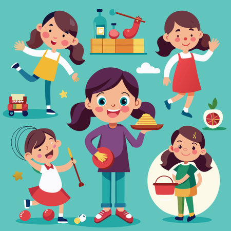 Seven Images Depicting Various Activities Performed by a Young Femaleのイラスト素材