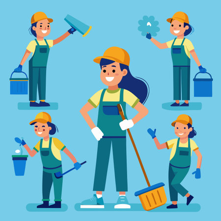 Collection of Professional Cleaners in Diverse Cleaning Posesのイラスト素材