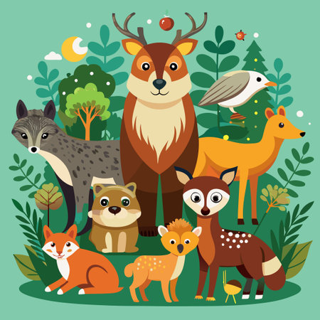 Enchanting Gathering of Forest Creatures in a Verdant Woodland Sanctuaryのイラスト素材