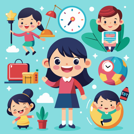 Collection of Cheerful Girl Engaging in Joyous Activitiesのイラスト素材