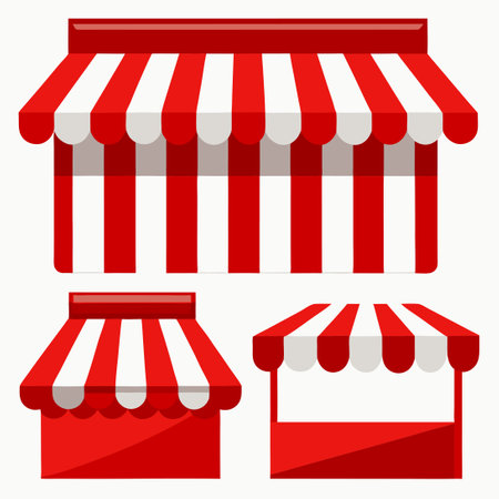 Vivid Red and White Striped Awnings in Diverse Shapes and Sizesのイラスト素材