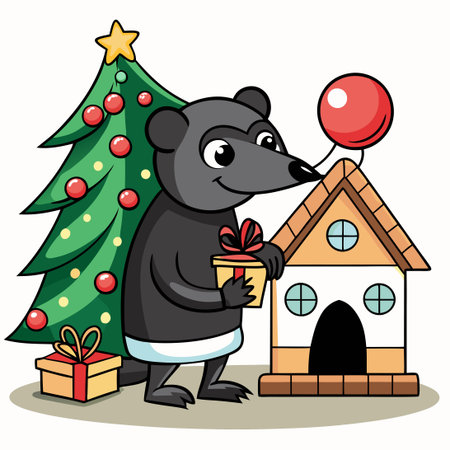 Cartoon Mole Industriously Preparing His House for Christmas Celebrationsのイラスト素材