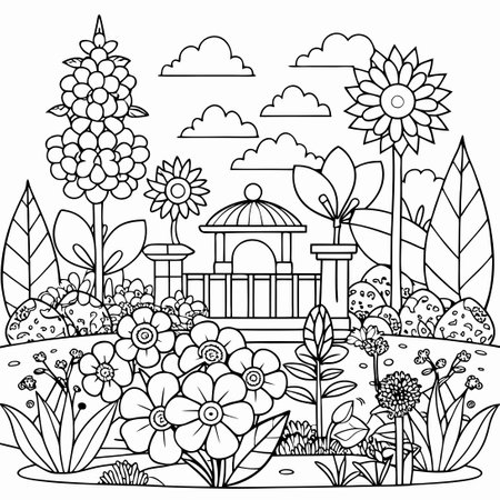 Intricate Coloring Page Featuring a Beautiful Garden with Delicate Line Artのイラスト素材