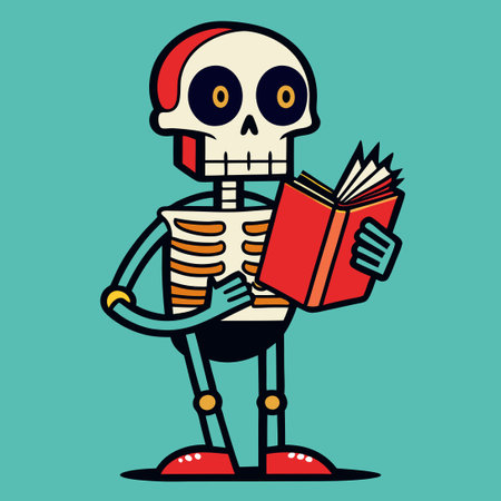 Eerie Illustration of a Skeleton Holding a Book for Vector Element Number Twoのイラスト素材