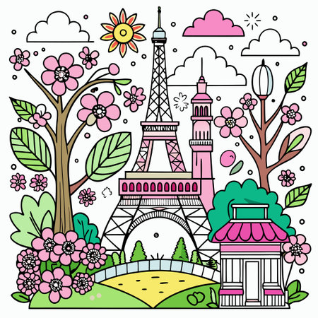 Springtime Stroll in Paris Coloring Page for Kids and Adultsのイラスト素材