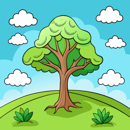 Verdant Tree Adorned by Clouds on a Scenic Hillsideのイラスト素材
