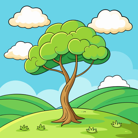 Tall Tree Adorned by White Clouds on Verdant Hilltopsのイラスト素材