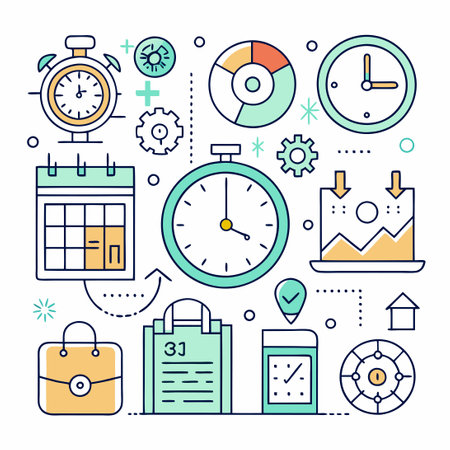 Comprehensive Collection of Time and Clock Linear Icons for Digital Displays and User Interfacesのイラスト素材