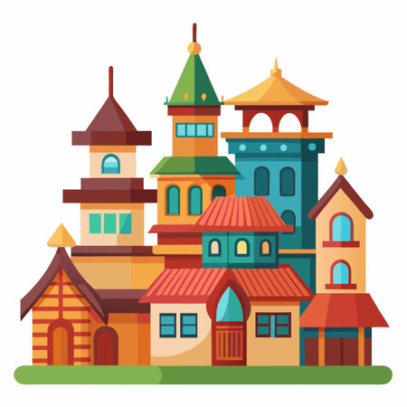 Vector Illustrations of Traditional Architectural Houses from Around the Worldのイラスト素材
