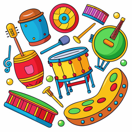 Comprehensive Set of Vector Illustrations Depicting Various Percussion Musical Instrumentsのイラスト素材