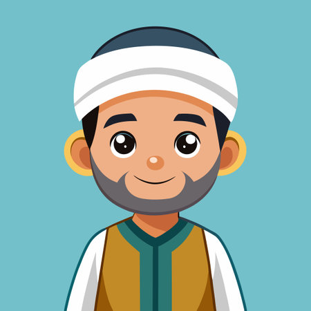 Cute and Playful Vector Cartoon Illustration of a Muslim Man Wearing a Traditional Chaのイラスト素材