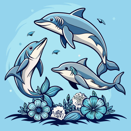 Dolphins Leaping High Above a Hunting Shark in the Blue Ocean Depthsのイラスト素材