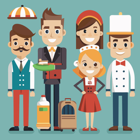 Diverse Professions of Hotel Staff Depicted in Cartoonish Vector Setのイラスト素材