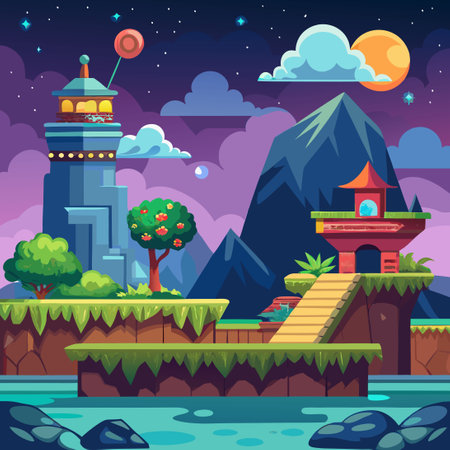 Immersive Video Game Background Featuring Fantasy Realms and Vibrant Charactersのイラスト素材