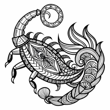 Intricate Zendoodle Depicting the Scorpio Zodiac Sign in Black and Whiteのイラスト素材