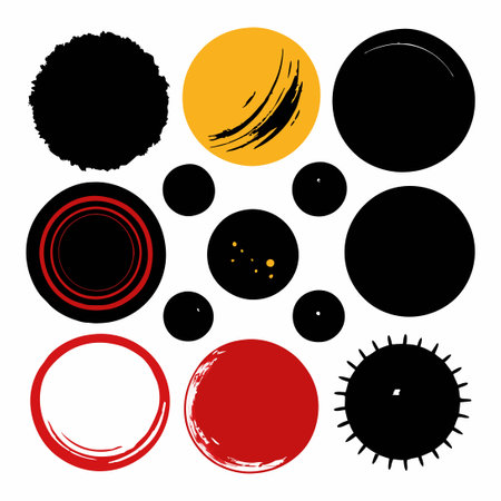 Grunge Collection of Inky Black Paint Stains with a Large Variety of Circular Shapesのイラスト素材