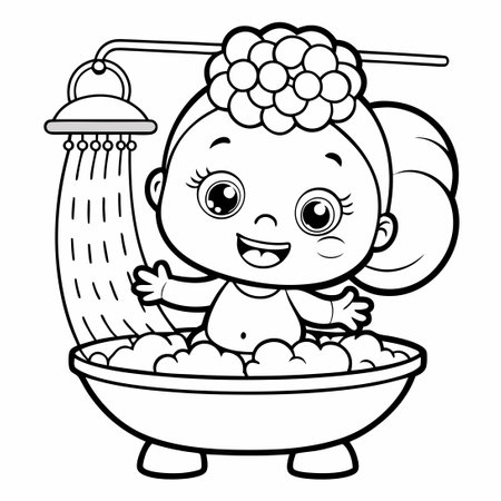 Baby Girl Enjoying a Fun Shower Time Coloring Pageのイラスト素材