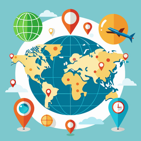 An Assortment of World Maps, Globes, and Location Pins for Educational or Travel Purposesのイラスト素材