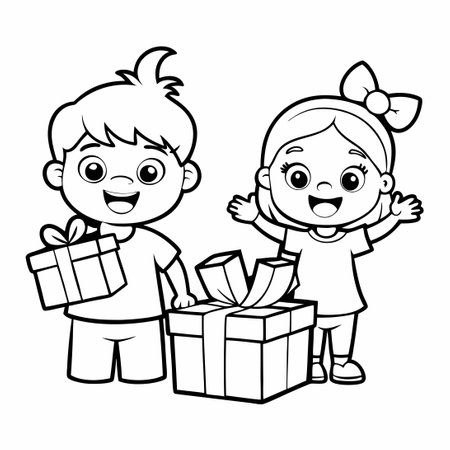Excited Children Delightedly Unwrapping Presents on a Coloring Pageのイラスト素材