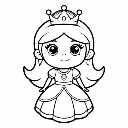 Outline Coloring Page of an Adorable Princess with Cute Details and Flat Vector Styleのイラスト素材