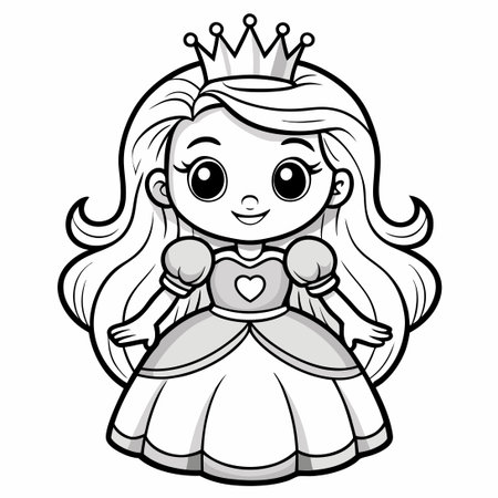 Cute Princess Flat Vector Outline Coloring Page for Kidsのイラスト素材
