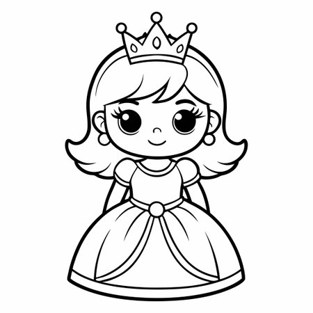 Printable Flat Vector Coloring Page of an Adorable Princess for Kids to Enjoyのイラスト素材