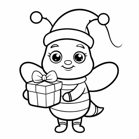 Coloring Page with Cute Bee Holding a Gift Box in Hand with Number Twoのイラスト素材