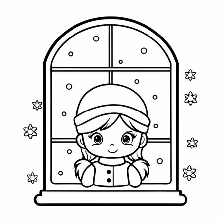 Winter Wonderland Coloring Delight: Cute Girl Gazing at Snowfall's Embraceのイラスト素材