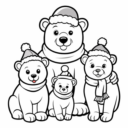 Adorable Coloring Page Featuring a Polar Bear Family in Cartoon Styleのイラスト素材