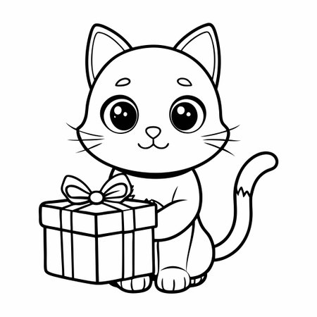 Printable Coloring Page Featuring Kawaii Cat with Gift Boxesのイラスト素材