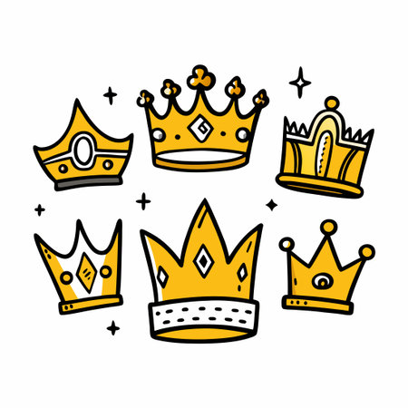 Hand-Drawn Crown Icon Set: A Doodle Collection of 15 Unique Royalty Symbolsのイラスト素材