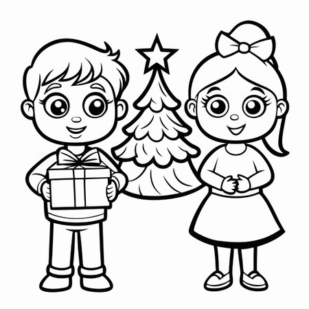 Cute Boy and Girl Exchanging Gifts by a Christmas Treeのイラスト素材