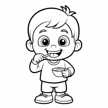 Adorable Boy Brushing His Teeth Outline Coloring Page for Kidsのイラスト素材