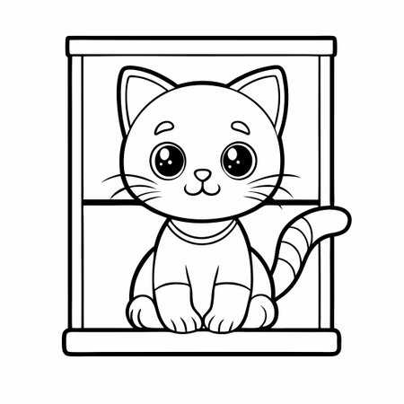 Adorable Feline Companion Enjoys Scenic Window Perch Coloring Pageのイラスト素材