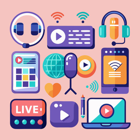 Essential Live Streaming Icon Set for Live Broadcasting Channelsのイラスト素材