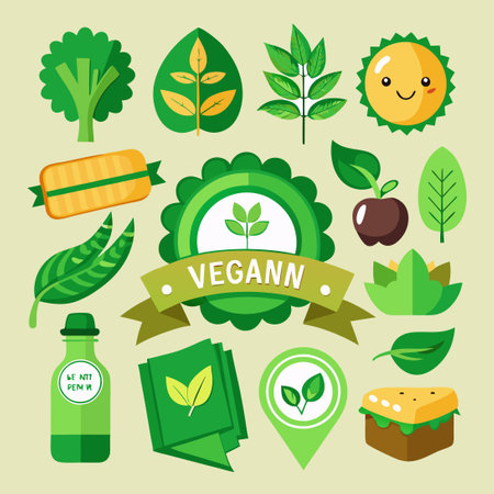 Vibrant Vegan Ribbons Adorn Green Banners with Leaf Motifsのイラスト素材