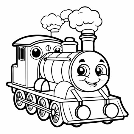 Outline Drawing of a Cute and Funny Steam Locomotive Perfect for Coloring Adventures