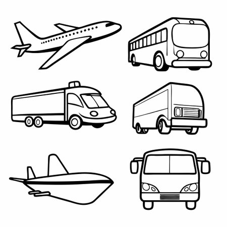 Comprehensive Transportation Icon Collection Featuring Buses, Trains, Ships, and Automobilesのイラスト素材