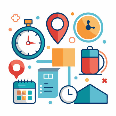 Clock, Calendar, and Address Icons Set: Date, Time, and Location Essential Iconsのイラスト素材