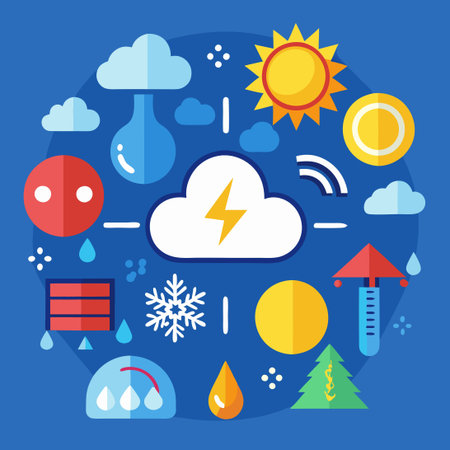 Vector Flat Icons of Weather Forecasts and Weather Symbols