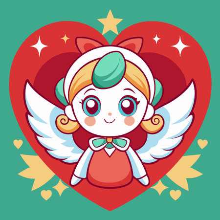 Festive Cartoon Angel with Hearts for a Merry Christmasのイラスト素材