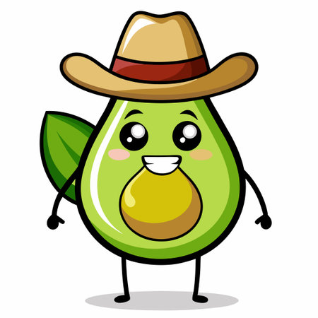 Cartoon Avocado Character in a Panama Hat on a White Backgroundのイラスト素材