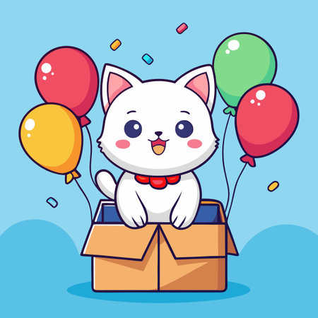 Adorable White Kitten Playing in a Box Surrounded by Colorful Balloonsのイラスト素材
