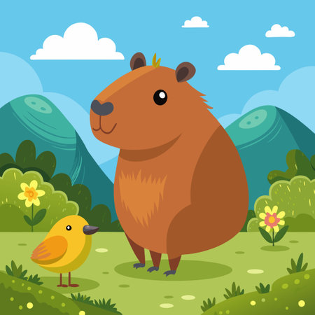Amusing Cartoon Capybara Frolicking in a Meadow with a Colorful Birdのイラスト素材