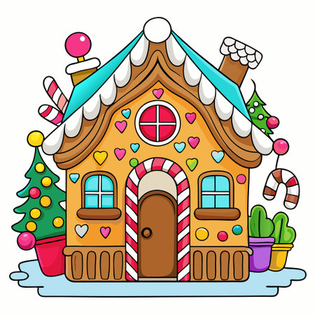Christmas-Themed Coloring Page Featuring a Gingerbread Houseのイラスト素材