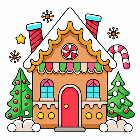 Colorable Christmas Gingerbread House Scene with Santa Clausのイラスト素材