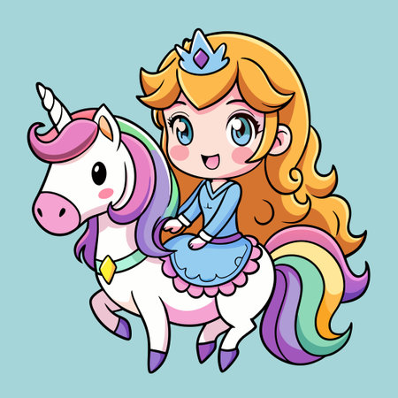 Adorable Chibi Princess Riding a Majestic Unicorn Coloring Pageのイラスト素材