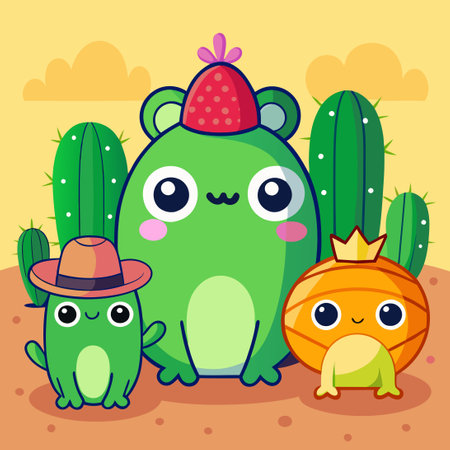 Amusing Cartoon Cacti Adorned with Frog and Cat Hatsのイラスト素材